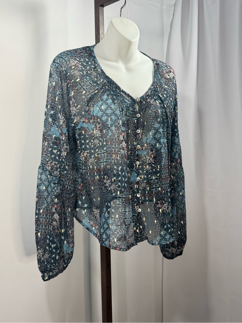 HAVER London Metallic Boho Blouse | Sheer Floral Patchwork | Gold Lurex Top | M